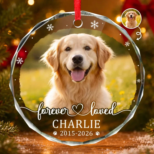 "Forever Loved" Custom Pet Memorial Glass Ornament - Personalized Photo Memorial Keepsake Gift