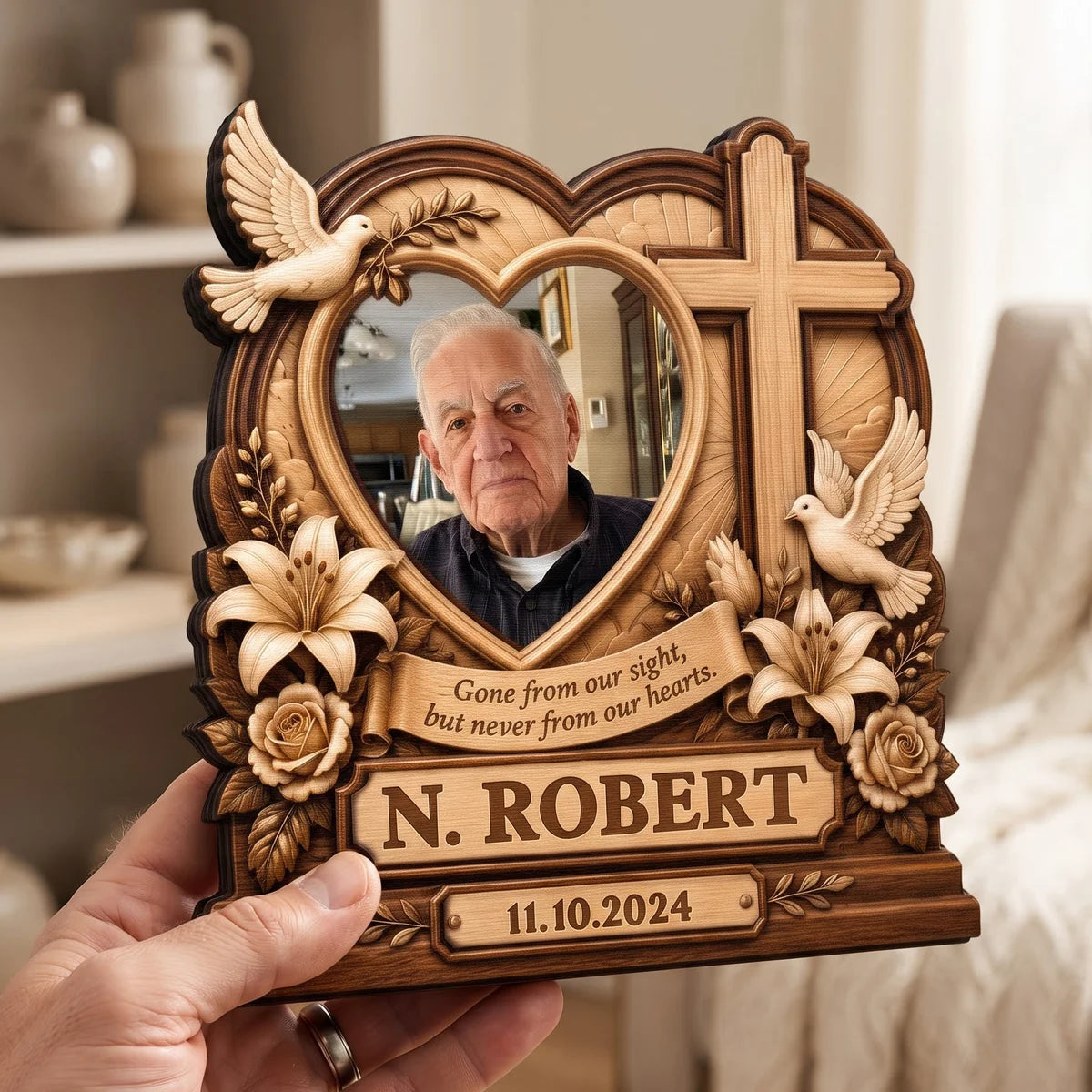 Gone From Our Sight Personalized Memorial Wooden Block - Custom Photo Cross Keepsake Gift for Bereaved Family