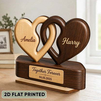 "Together Forever" Interlocking Hearts Personalized Wooden Plaque - Custom Couple Gift for Anniversary