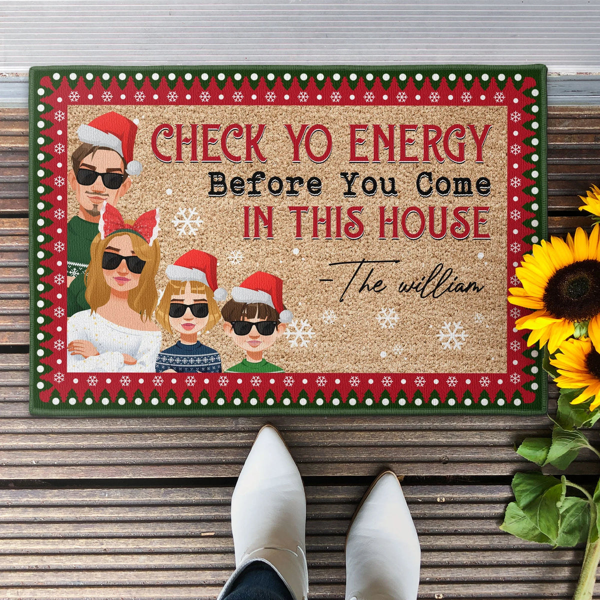 Check Yo Energy Before You Come In This House - Personalized Christmas Doormat Decor for Family