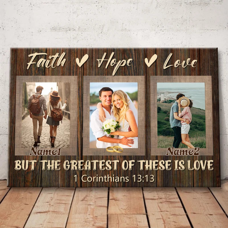 Faith Hope Love Personalized Anniversary Canvas / Poster - Custom Couple Photo Wall Art Gift