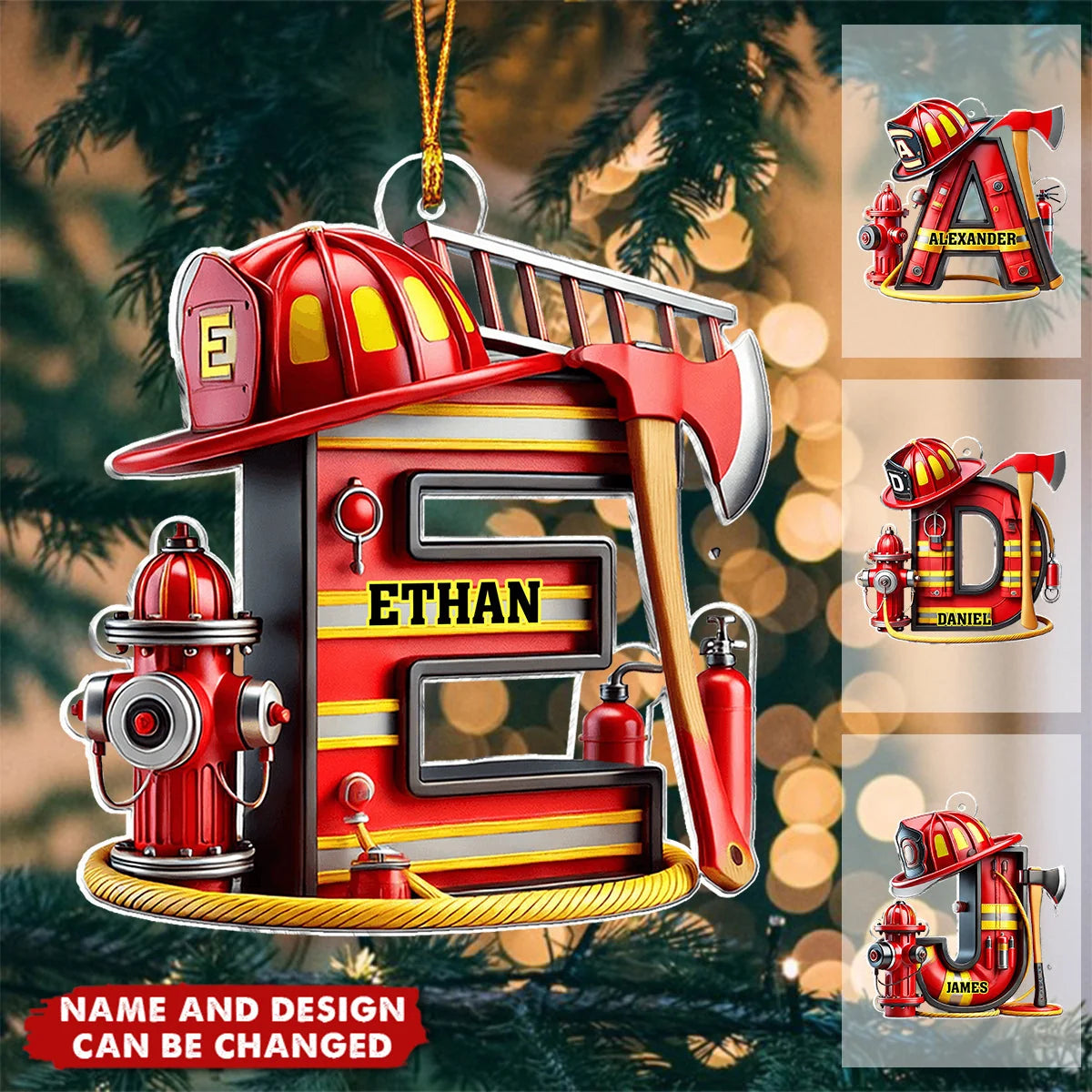 Firefighter Alphabet Personalized Christmas Acrylic Ornament - Custom Fire Truck Name Gift