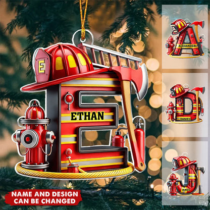 Firefighter Alphabet Personalized Christmas Acrylic Ornament - Custom Fire Truck Name Gift