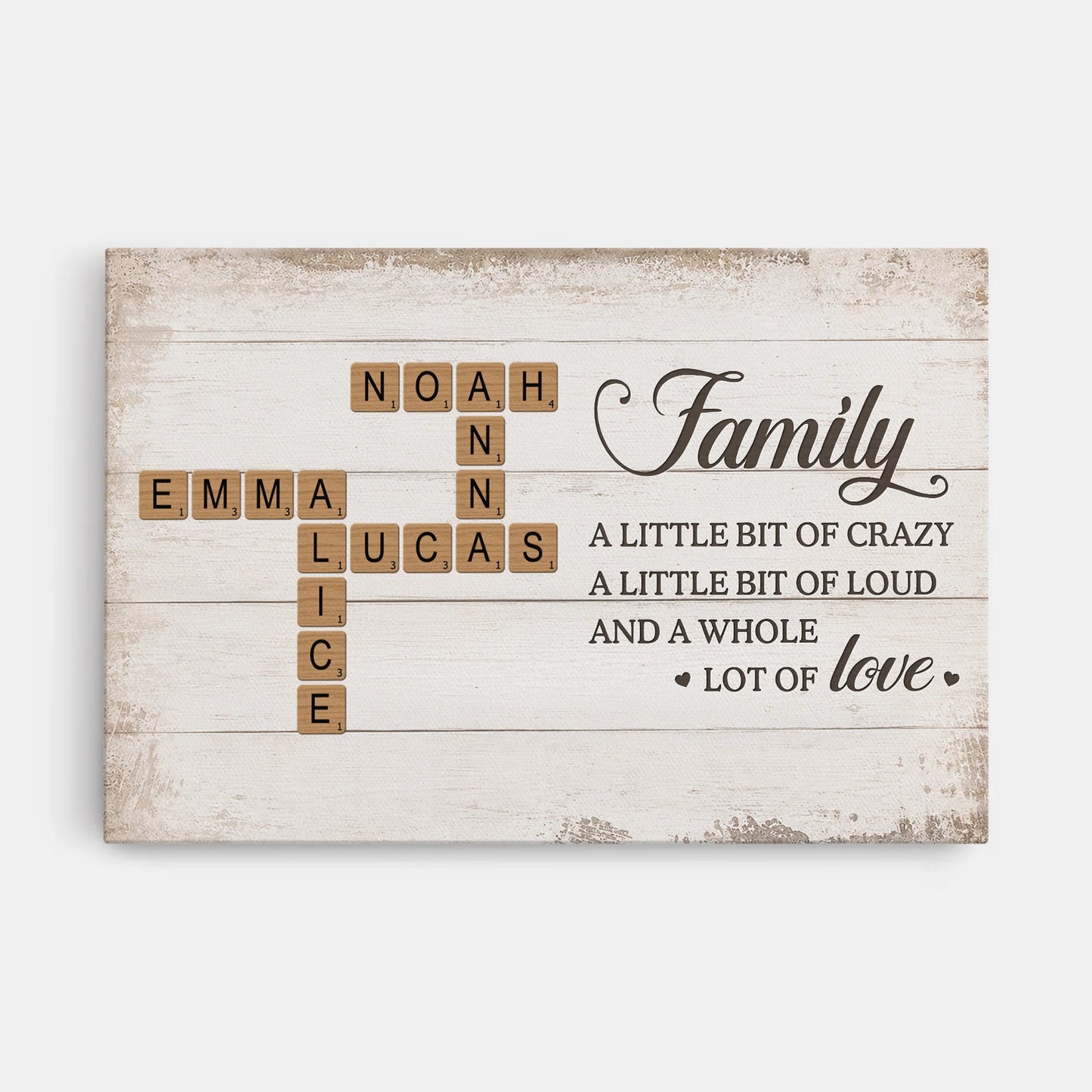 Personalized family name crossword canvas print wall art with custom names and family quote gift