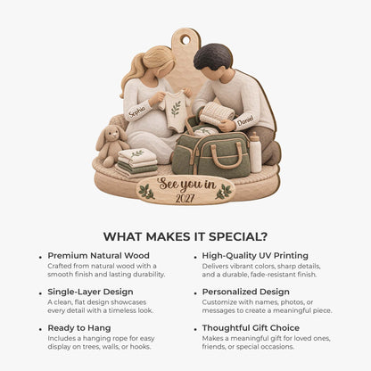 See You In 2027 Personalized Baby Bump Wooden Ornament - Keepsake for Expecting Parents