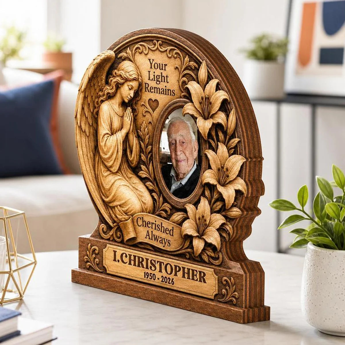 "Your Light Remains Cherished Always" Personalized Memorial Wooden Block - Custom Photo Bereavement Gift for Family