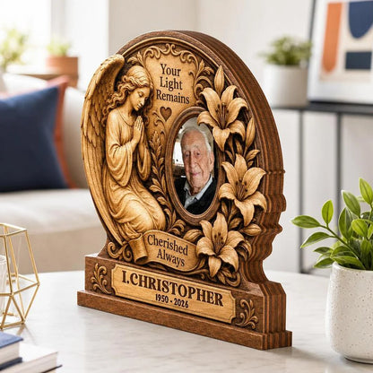 "Your Light Remains Cherished Always" Personalized Memorial Wooden Block - Custom Photo Bereavement Gift for Family