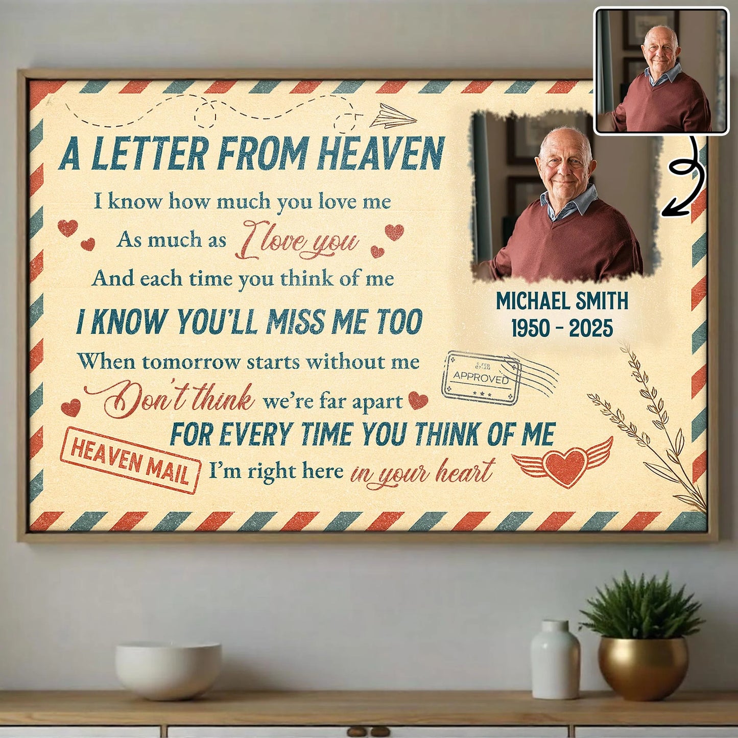 Personalized memorial wall art canvas print featuring custom photo and A Letter From Heaven poem