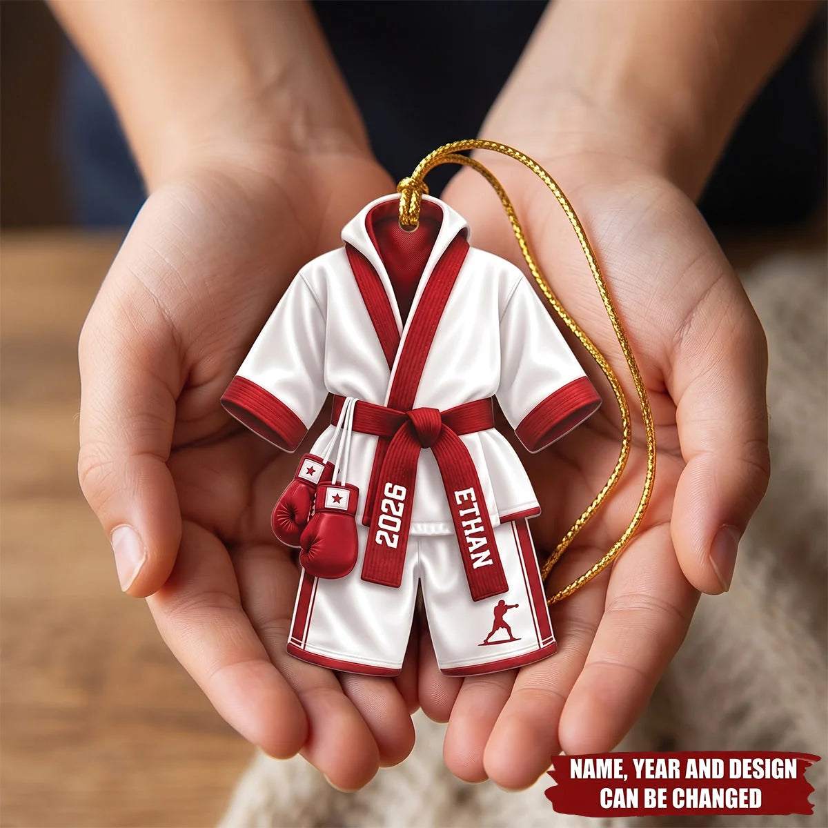 Custom Boxing Robe Christmas Wooden Ornament - Personalized Name & Year Fighter Xmas Tree Decor