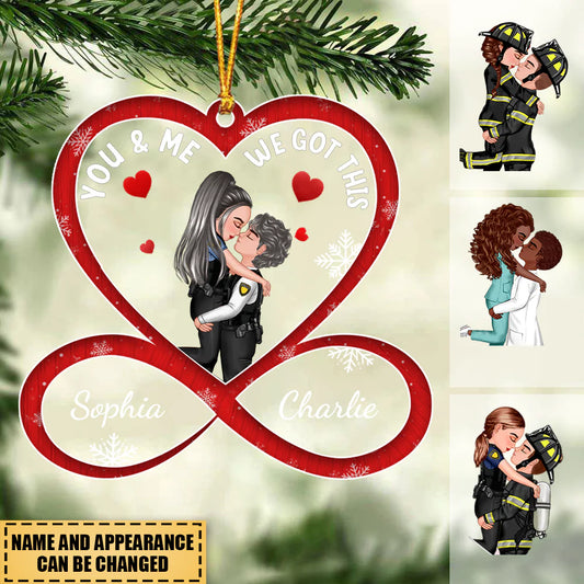 Personalized couple ornament with infinity heart design for firefighter and police officers