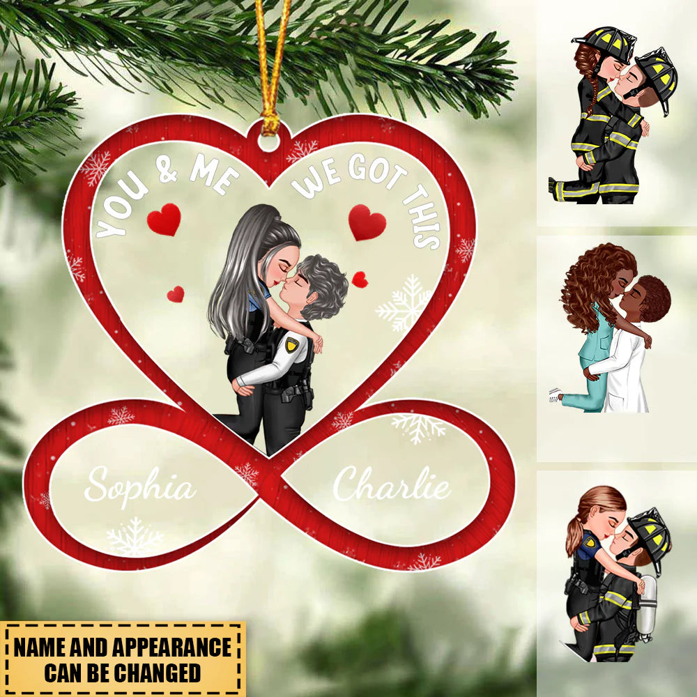 Personalized couple ornament with infinity heart design for firefighter and police officers