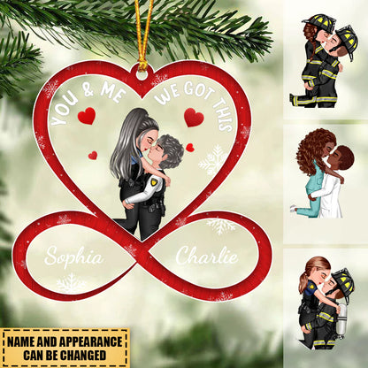Personalized couple ornament with infinity heart design for firefighter and police officers