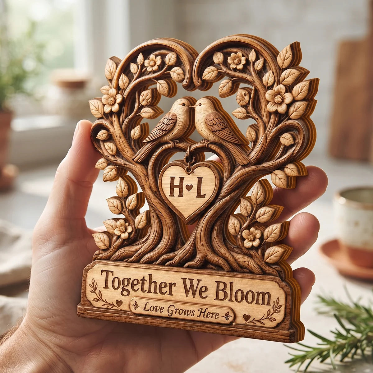 "Together We Bloom Love Grows Here" Personalized Wooden Block - Custom Couple Initials Gift