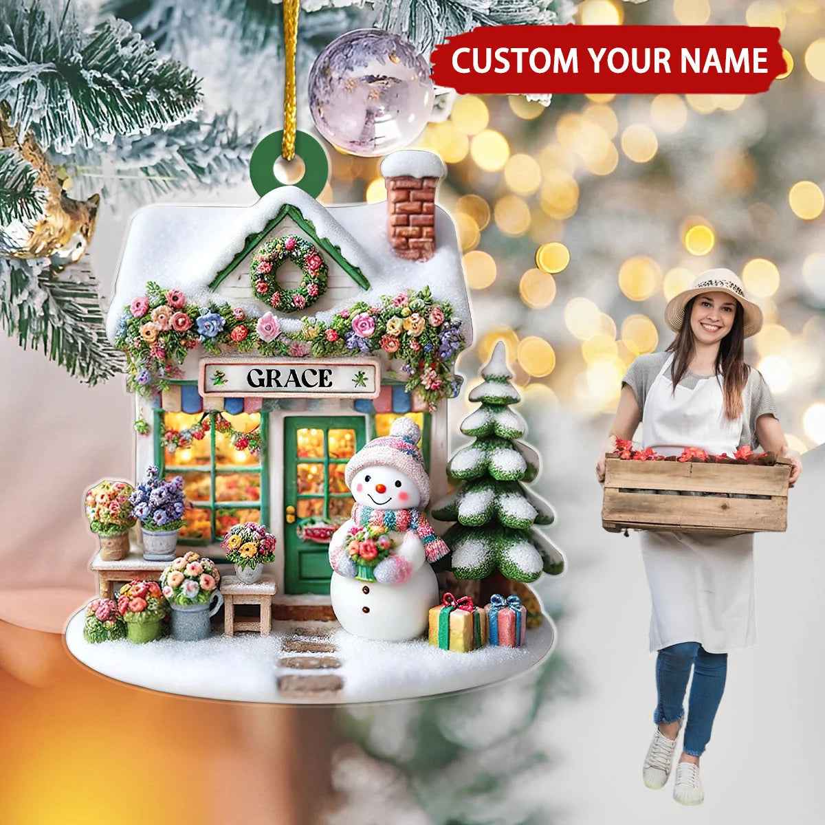 Custom Floral Shop Snowman Name Wooden Ornament - Personalized Christmas Keepsake Gift for Flower Lovers