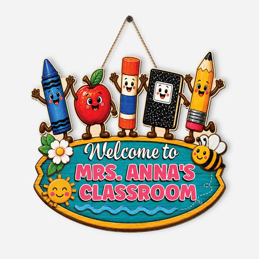 Personalized teacher classroom wood sign featuring cute cartoon crayons and apple details