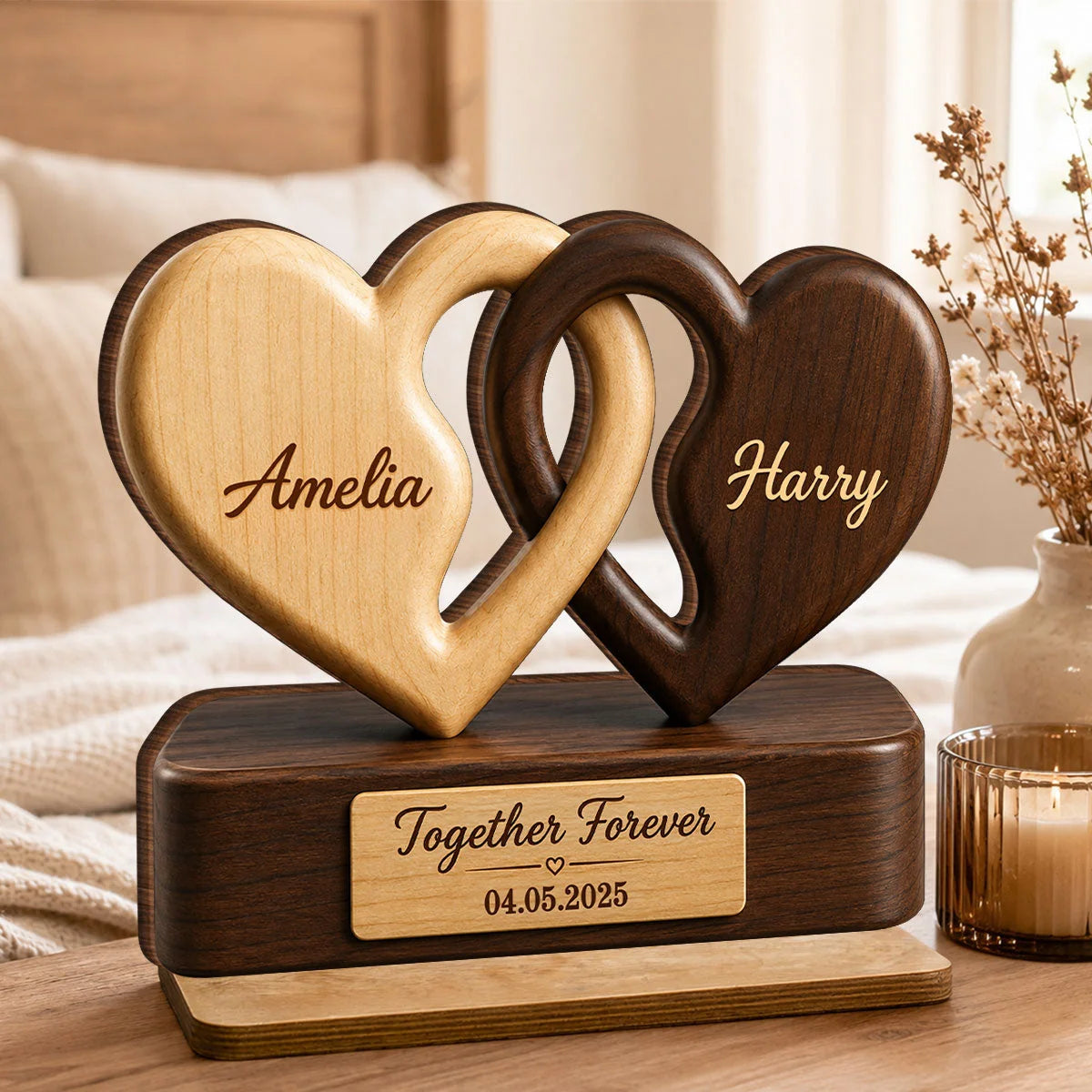 "Together Forever" Interlocking Hearts Personalized Wooden Plaque - Custom Couple Gift for Anniversary