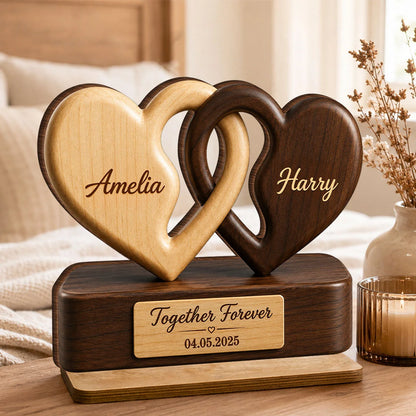 "Together Forever" Interlocking Hearts Personalized Wooden Plaque - Custom Couple Gift for Anniversary