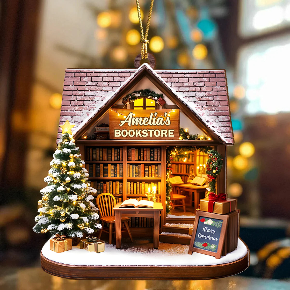Personalized Book Lover Christmas Ornament - Custom Cozy Bookstore Wood Keepsake Gift