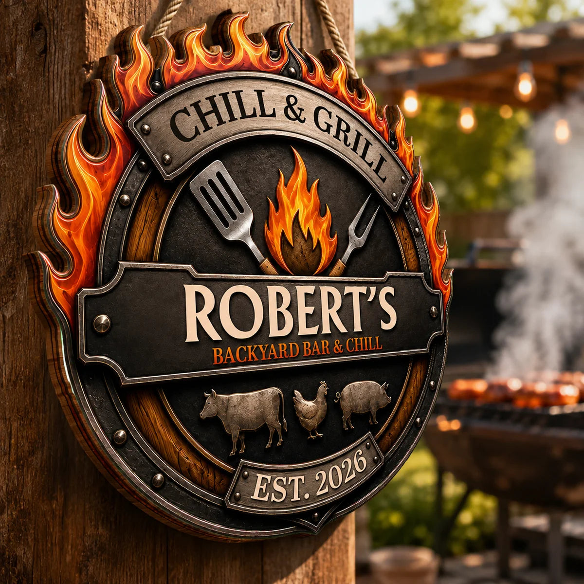 Chill & Grill Backyard Bar Personalized Wood Sign - Custom BBQ Grill Master Gift for Dad