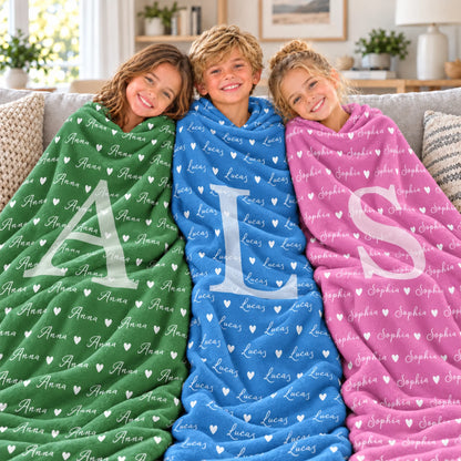 Custom Monogram Initial & Hearts Name Blanket - Personalized Birthday Gift for Kids
