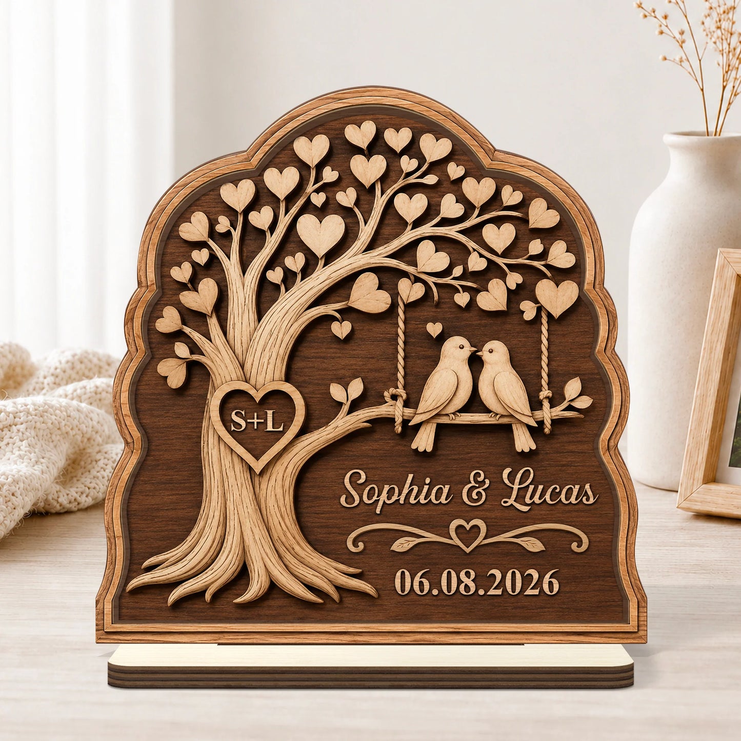 Personalized Love Birds Tree Couple Wooden Plaque - Custom Keepsake Gift for Anniversary & Wedding