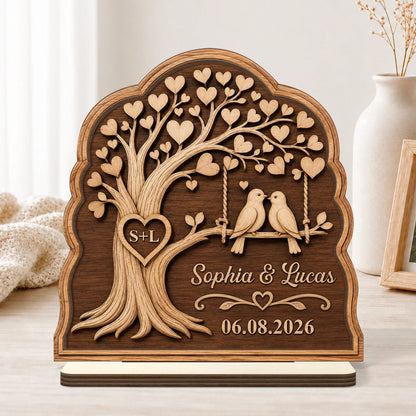 Personalized Love Birds Tree Couple Wooden Plaque - Custom Keepsake Gift for Anniversary & Wedding