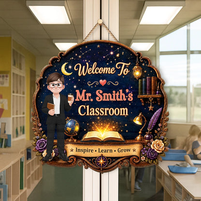 Welcome To Classroom Inspire Learn Grow - Personalized Teacher Wood Sign Door Hanger Decor