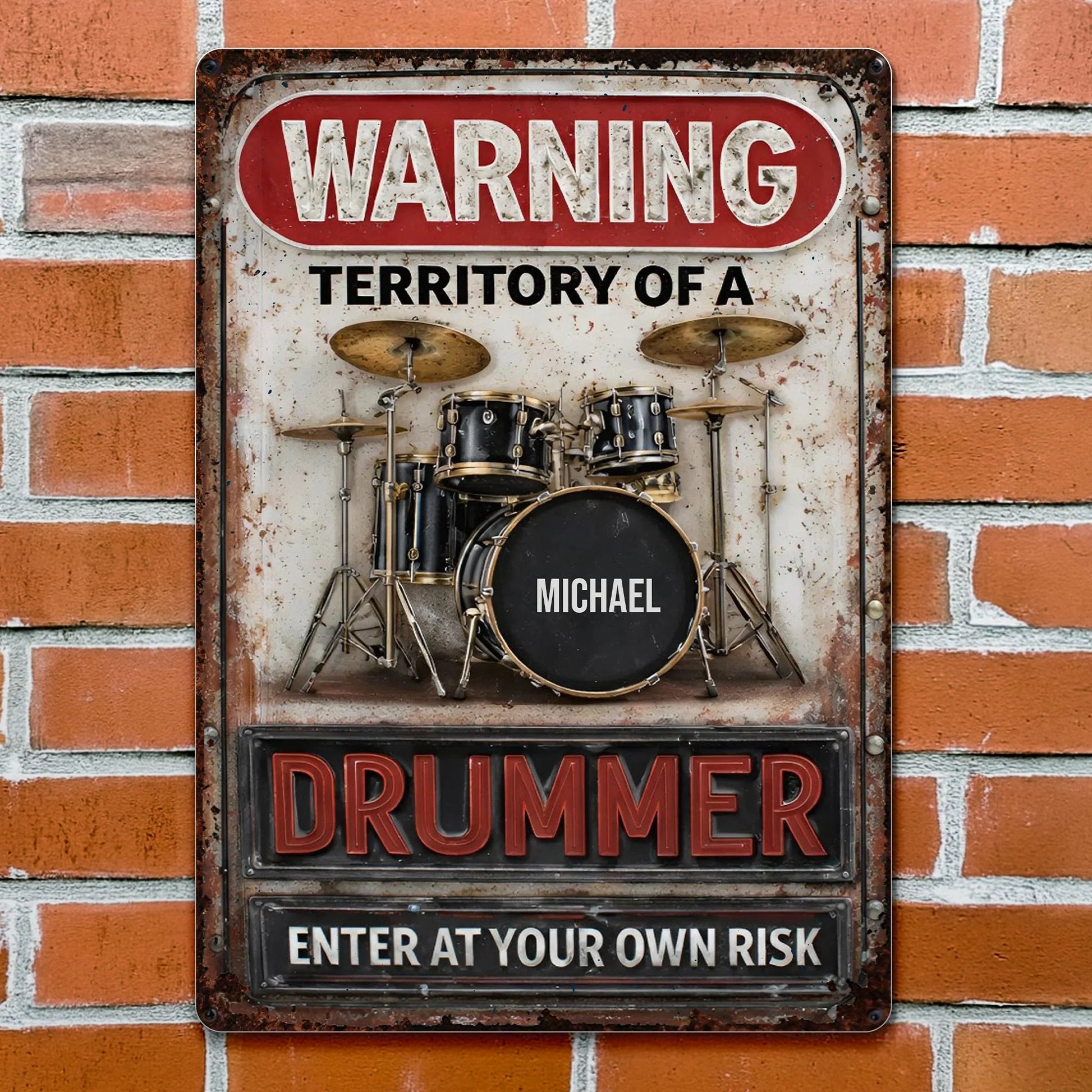 Personalized drummer metal sign featuring a classic drum kit design with custom name print for music room decor