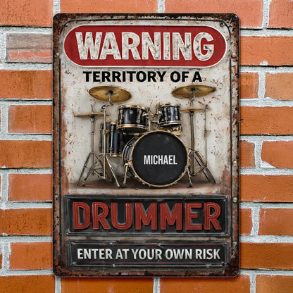 Personalized drummer metal sign featuring a classic drum kit design with custom name print for music room decor