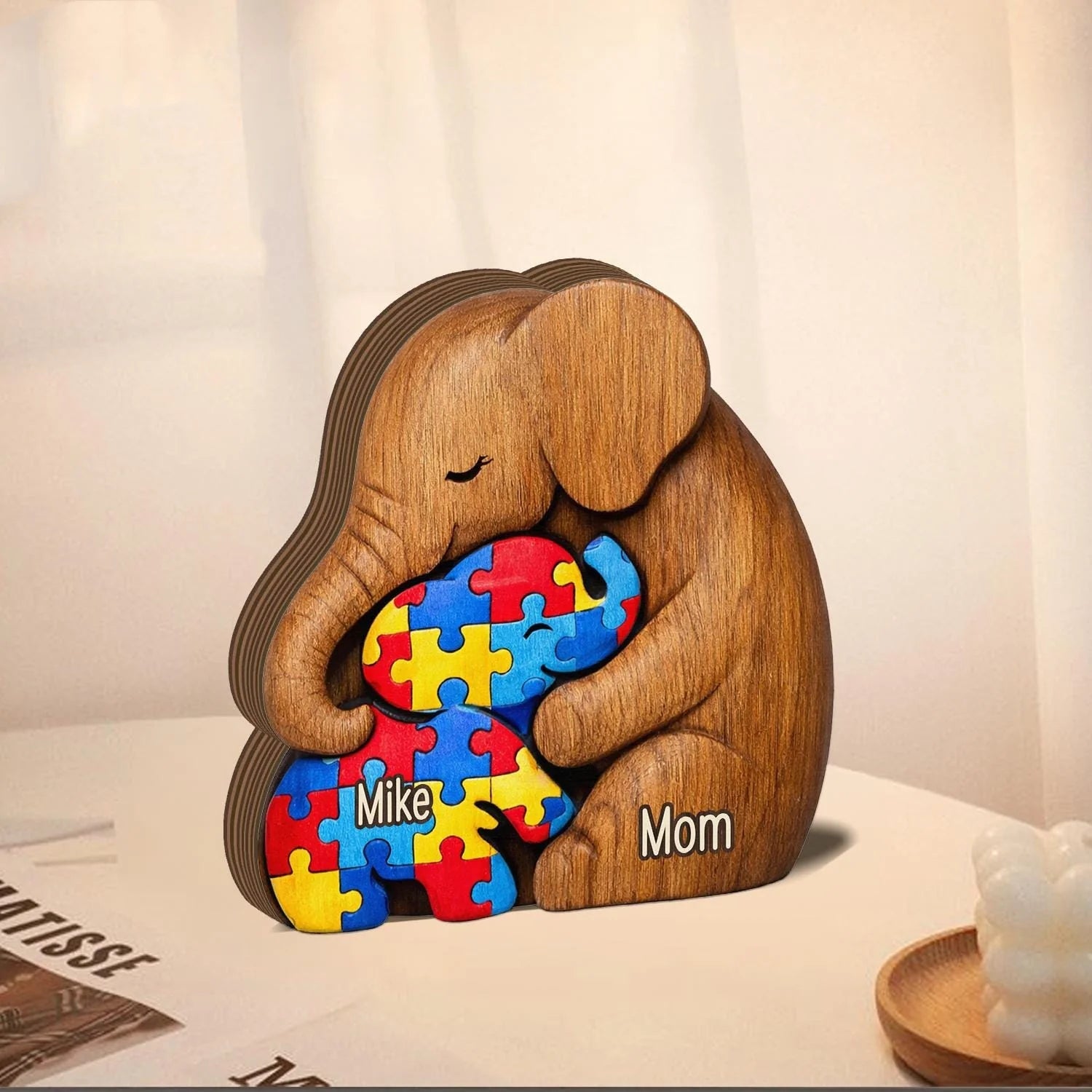 Personalized Autism Mom Elephant Bear Wooden Block - Custom Keepsake Gift