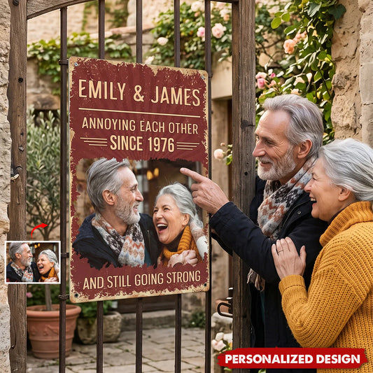 Custom anniversary metal sign with a funny retro design and personal couple photo for a unique wall gift