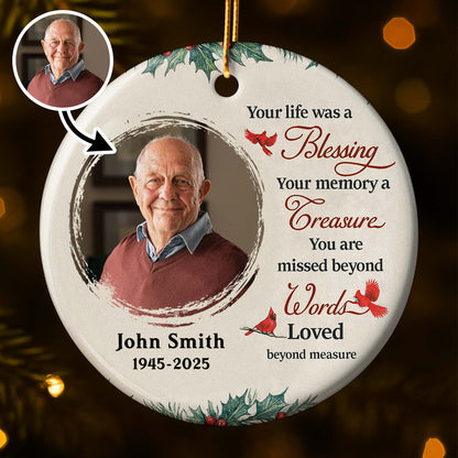 Your Life Was a Blessing Memorial Ornament With Cardinal Bird