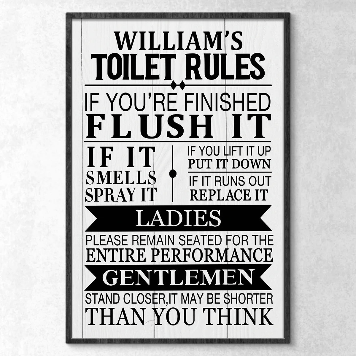 Toilet Rules Personalized Bathroom Poster / Canvas - Custom Funny Restroom Wall Art Gift for Housewarming
