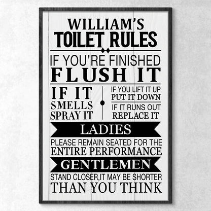 Toilet Rules Personalized Bathroom Poster / Canvas - Custom Funny Restroom Wall Art Gift for Housewarming