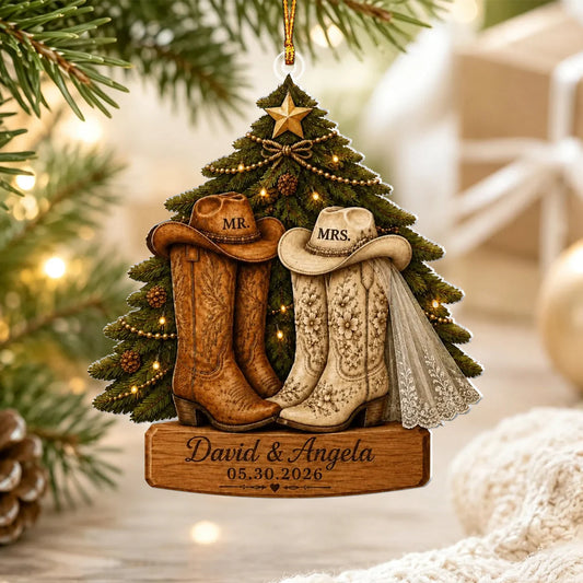 Western Cowboy Boots Personalized First Christmas Married Ornament - Custom Couple Wedding Keepsake Gift