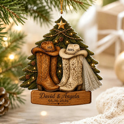 Western Cowboy Boots Personalized First Christmas Married Ornament - Custom Couple Wedding Keepsake Gift