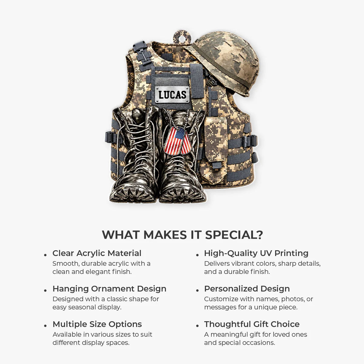 Tactical Vest & Boots Personalized Acrylic Ornament - Custom Keepsake Gift for Military Veterans