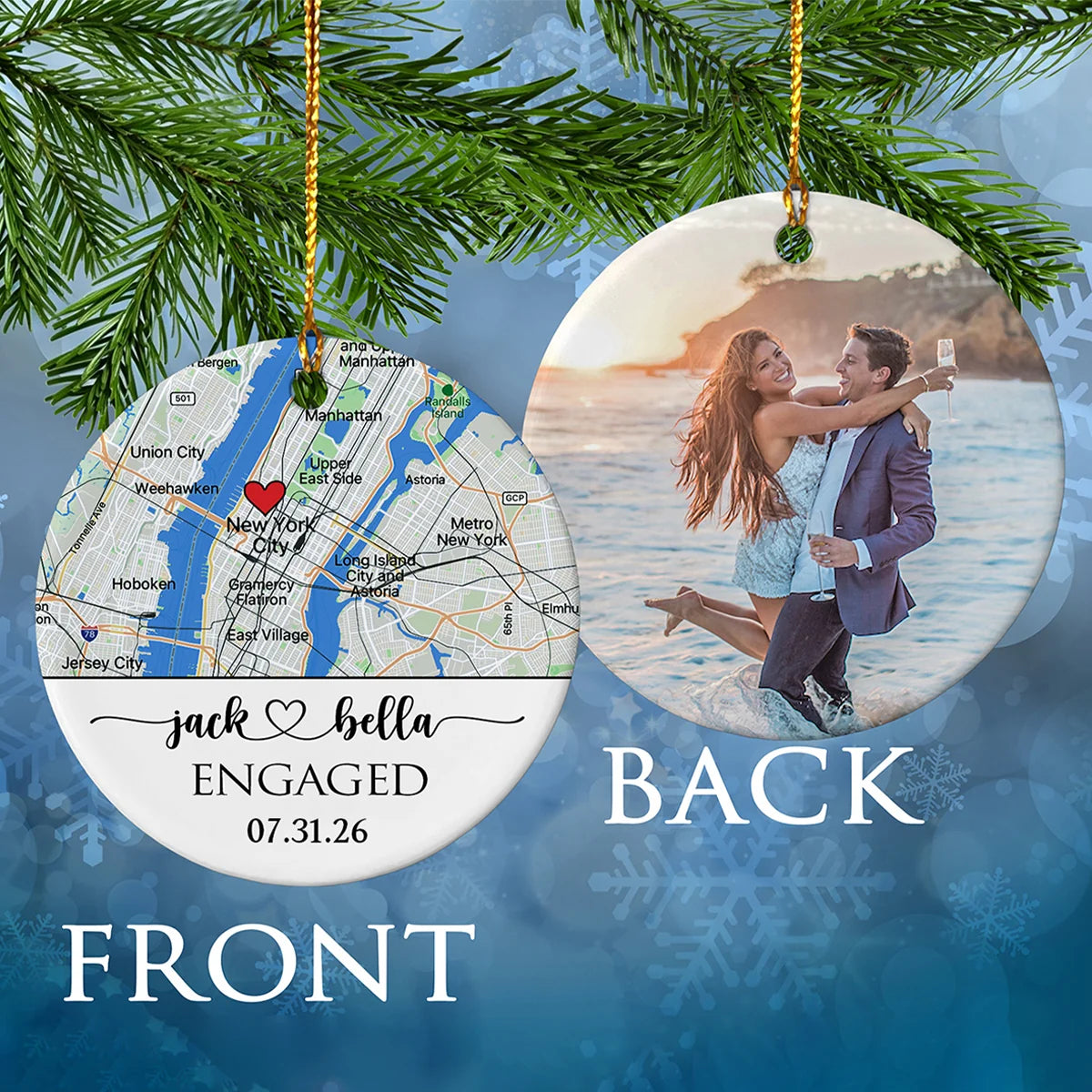 Custom Proposal Map and Photo Engagement Gift for Couples - Personalized Ceramic Ornament