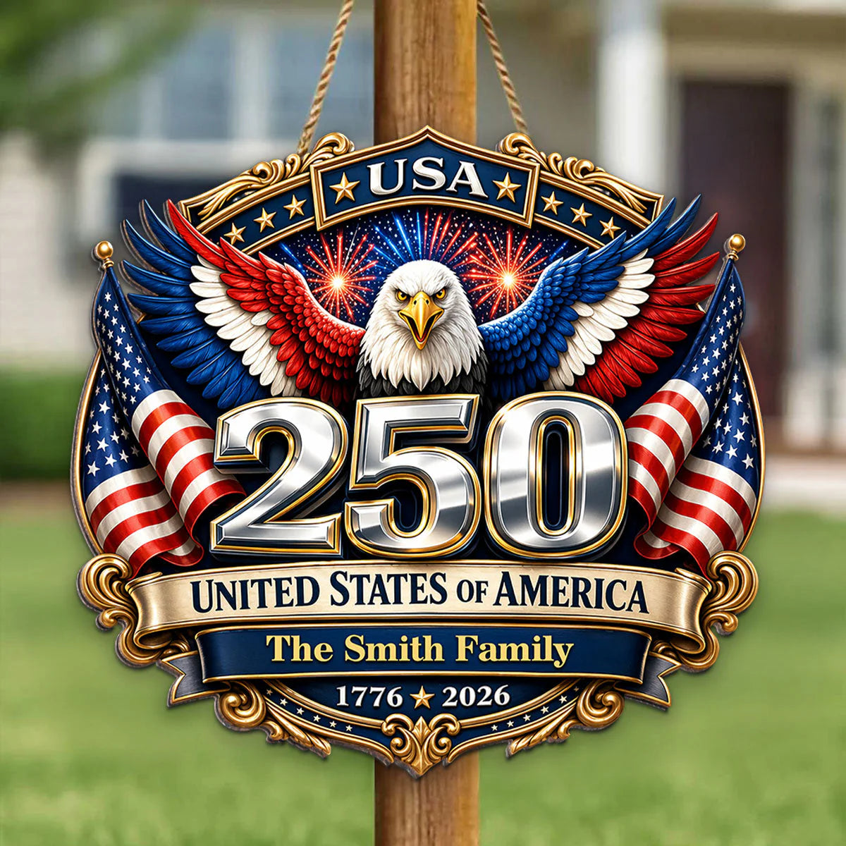 Personalized american flag wood sign featuring a majestic patriotic eagle design for family home decor