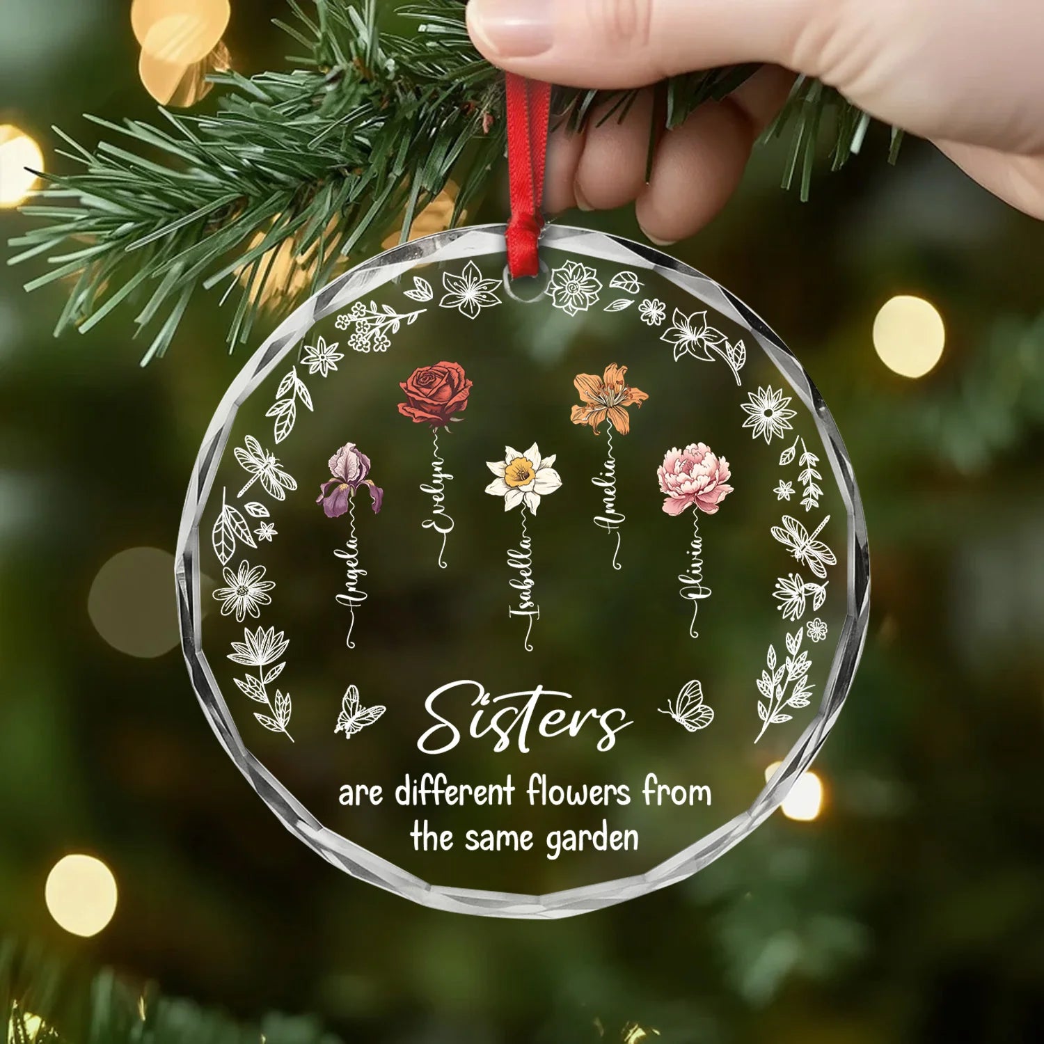 "Sisters Are Different Flowers" Personalized Glass Ornament - Custom Birth Month Flower Gift for Sister