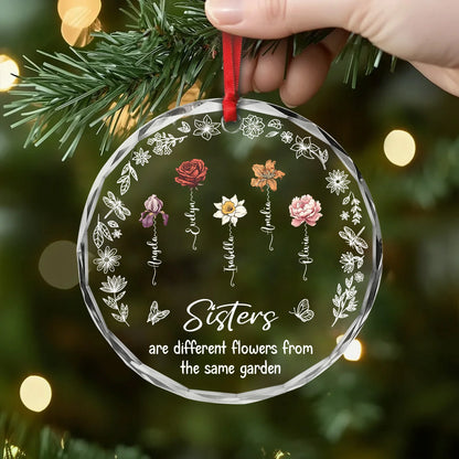 "Sisters Are Different Flowers" Personalized Glass Ornament - Custom Birth Month Flower Gift for Sister