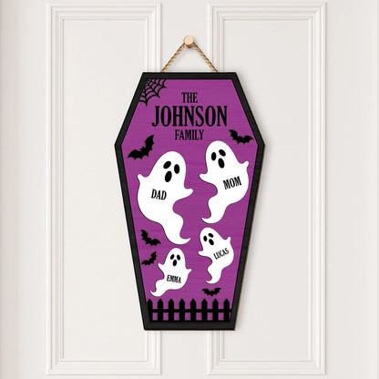 Personalized Ghost Family Coffin Wood Sign - Custom Halloween Wall Decor Gift for Family