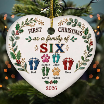 First Christmas as a Family of Three - Personalized Ceramic Heart Ornament Gift