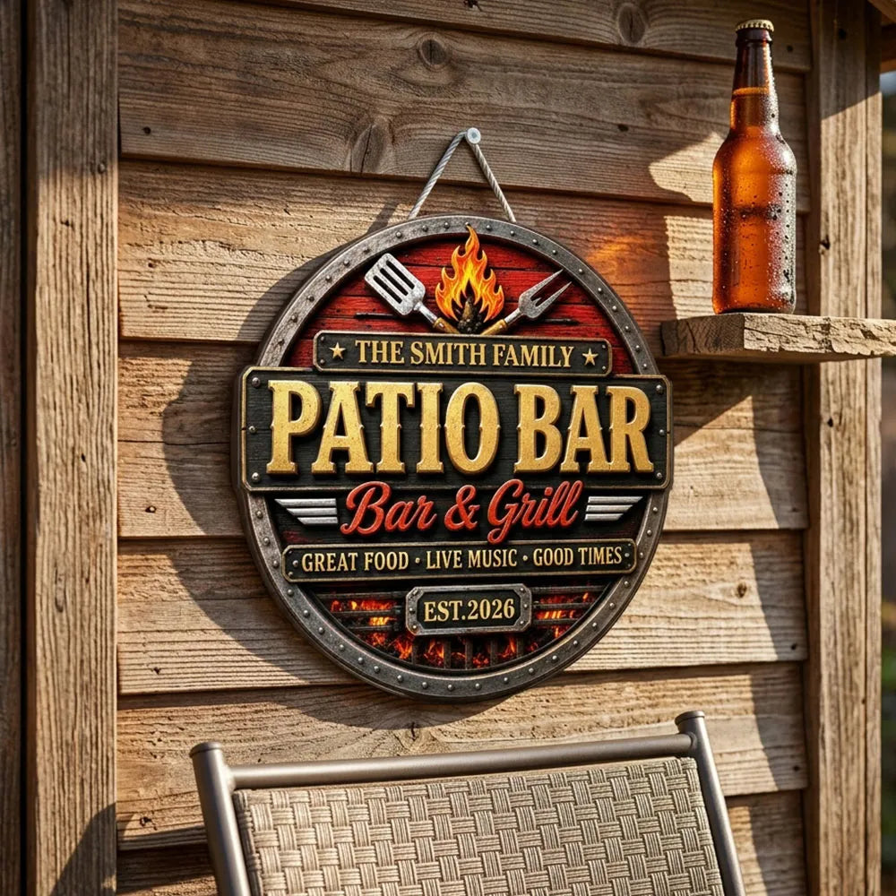 Patio Bar & Grill Personalized Wood Sign - Custom Backyard BBQ Sign Decor