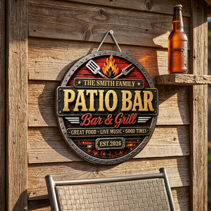 Patio Bar & Grill Personalized Wood Sign - Custom Backyard BBQ Sign Decor