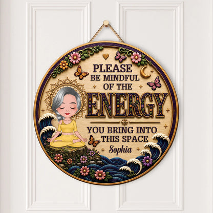 "Mindful Of The Energy You Bring" Personalized Yoga Wood Sign - Custom Name Studio Decor Gift