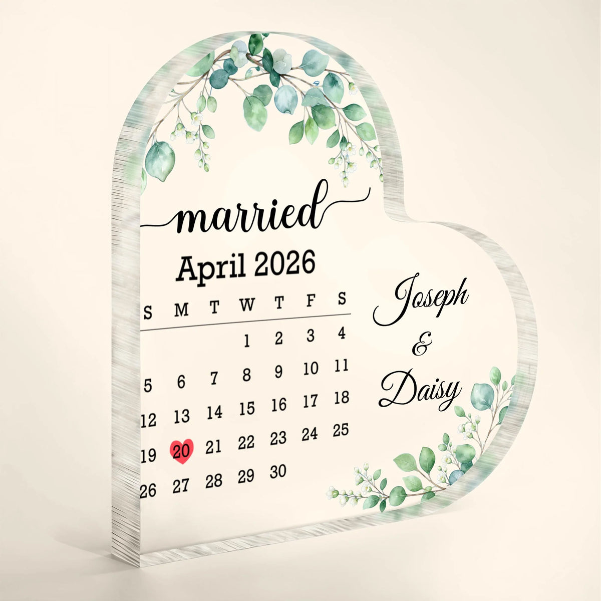 "Married" Custom Calendar Heart Acrylic Plaque for Couples - Personalized Wedding Gift