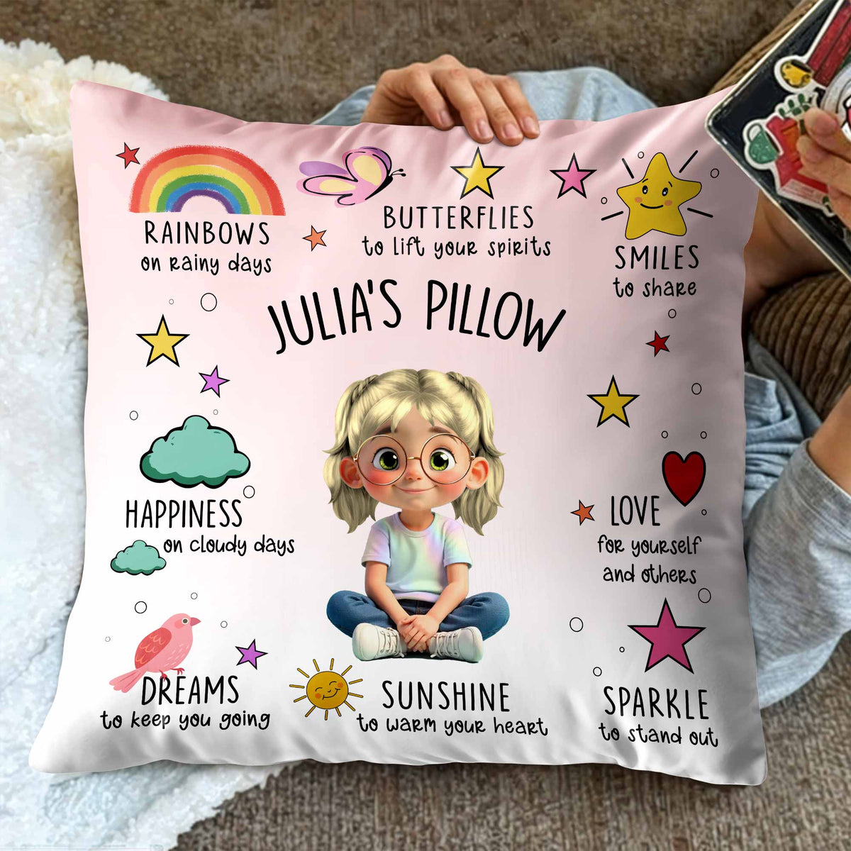 Rainbows, Butterflies, And Sunshine Custom Pillow