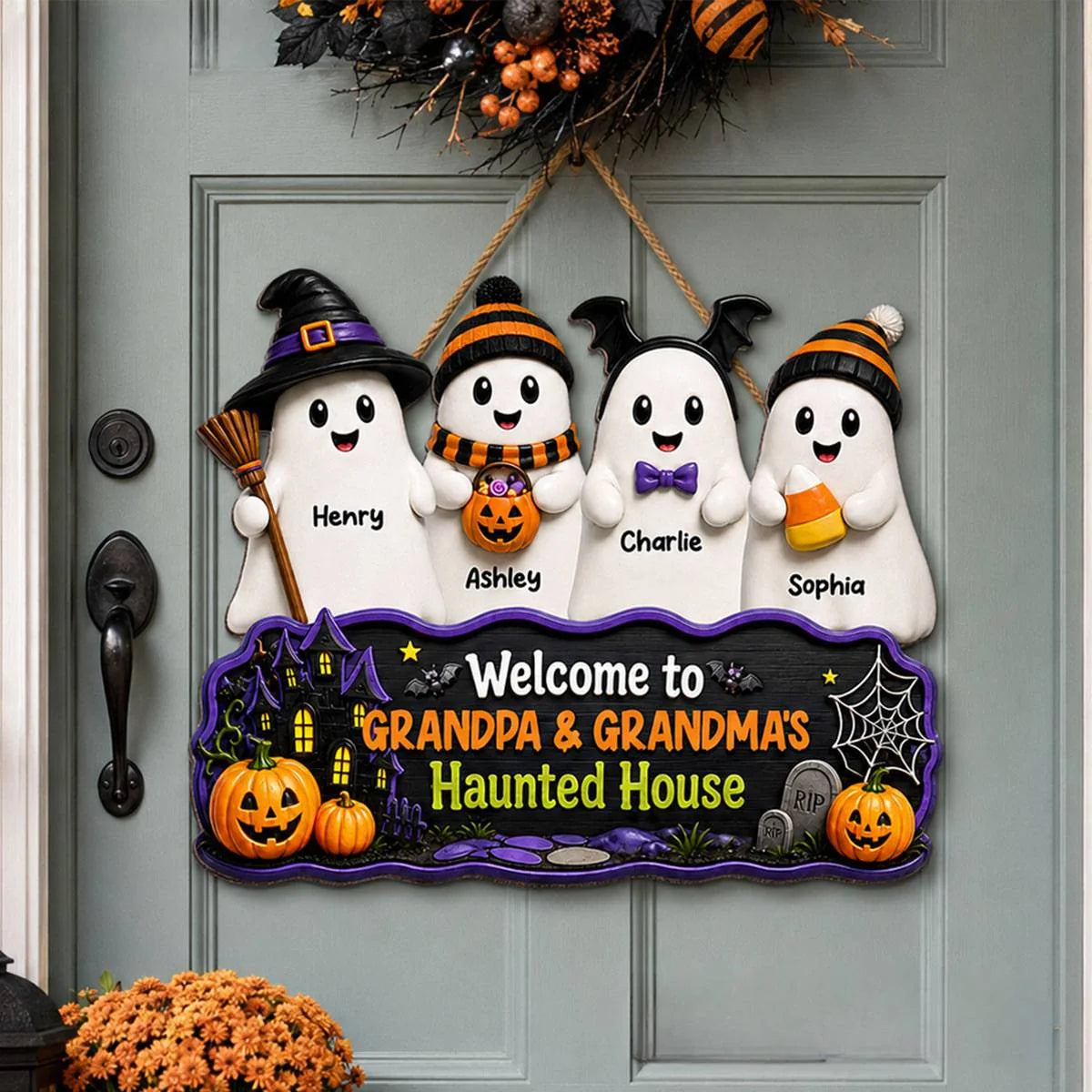 Welcome To Grandma Grandpa Haunted House Sign - Personalized Ghost Family Wood Sign Decor