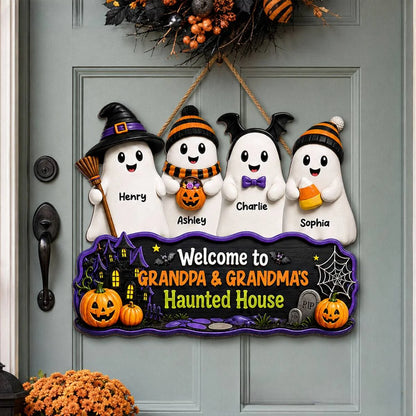 Welcome To Grandma Grandpa Haunted House Sign - Personalized Ghost Family Wood Sign Decor